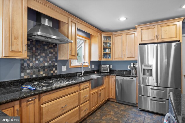 12 Pamela Ct, Jackson, NJ 08527 - kitchen with appliances with stainless steel finishes, a sink, wall chimney exhaust hood, dark stone counters, and decorative backsplash