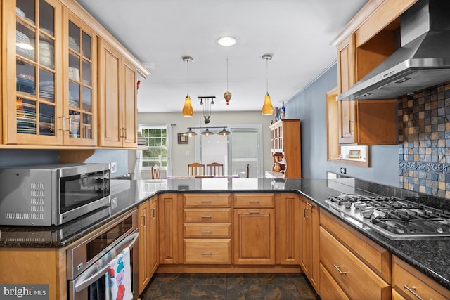 12 Pamela Ct, Jackson, NJ 08527 - kitchen featuring wall chimney range hood, appliances with stainless steel finishes, glass insert cabinets, and pendant lighting