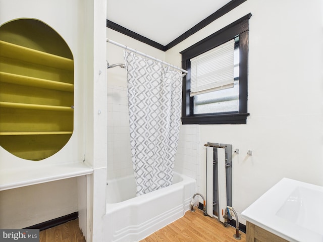 3437 Market St, Camp Hill, PA 17011 - full bathroom featuring shower / bathtub combination with curtain, wood finished floors, crown molding, and vanity
