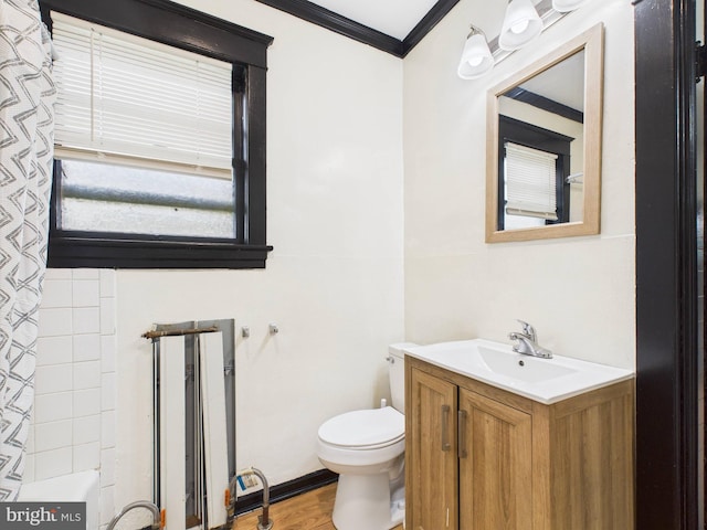3437 Market St, Camp Hill, PA 17011 - bathroom with crown molding, vanity, wood finished floors, curtained shower, and a bath