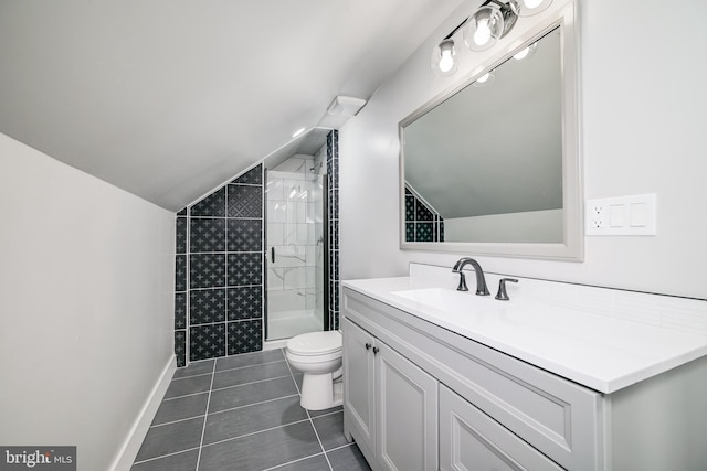8808 Edmonston Rd, College Park, MD 20740 - bathroom with vaulted ceiling, a tile shower, vanity, and tile patterned floors