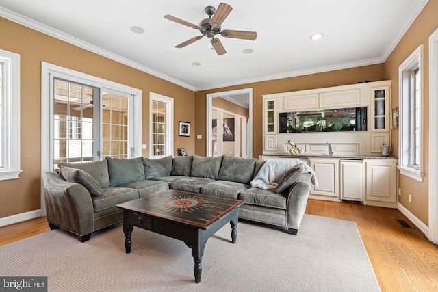 1214 Hunt Seat Dr, Lower Gwynedd, PA 19002 - living area featuring light wood-style floors, crown molding, a ceiling fan, and recessed lighting