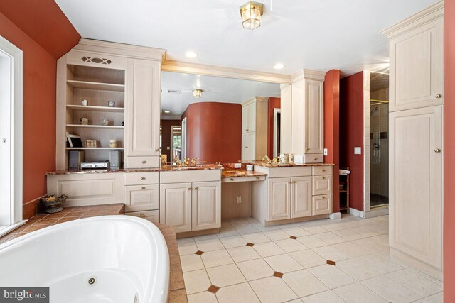 1214 Hunt Seat Dr, Lower Gwynedd, PA 19002 - bathroom featuring vanity, a shower stall, a tub with jets, tile patterned floors, and recessed lighting