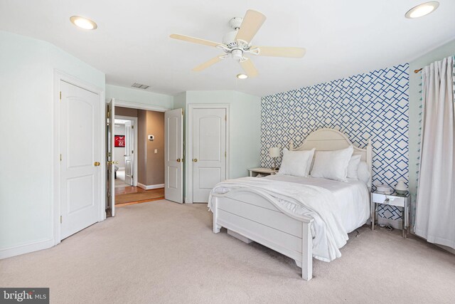 1214 Hunt Seat Dr, Lower Gwynedd, PA 19002 - bedroom with light colored carpet, recessed lighting, an accent wall, and ceiling fan