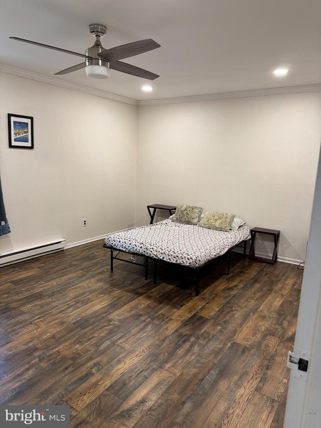 100 Campbell Cir Unit D33, Downingtown, PA 19335 - bedroom with ornamental molding, wood finished floors, recessed lighting, a baseboard radiator, and a ceiling fan