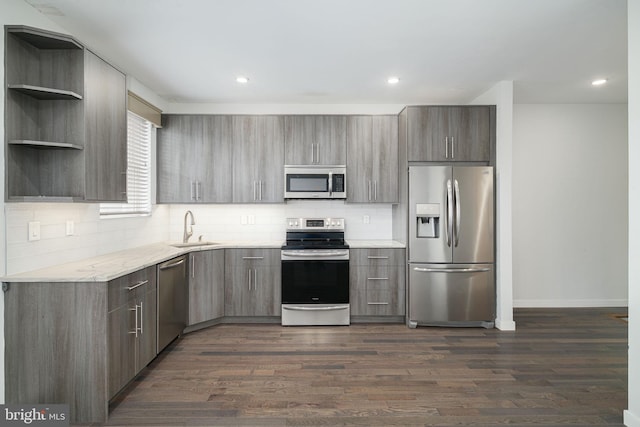 1524 N 8th St Unit 1, Philadelphia, PA 19122 - kitchen featuring appliances with stainless steel finishes, a sink, backsplash, dark wood-type flooring, and recessed lighting