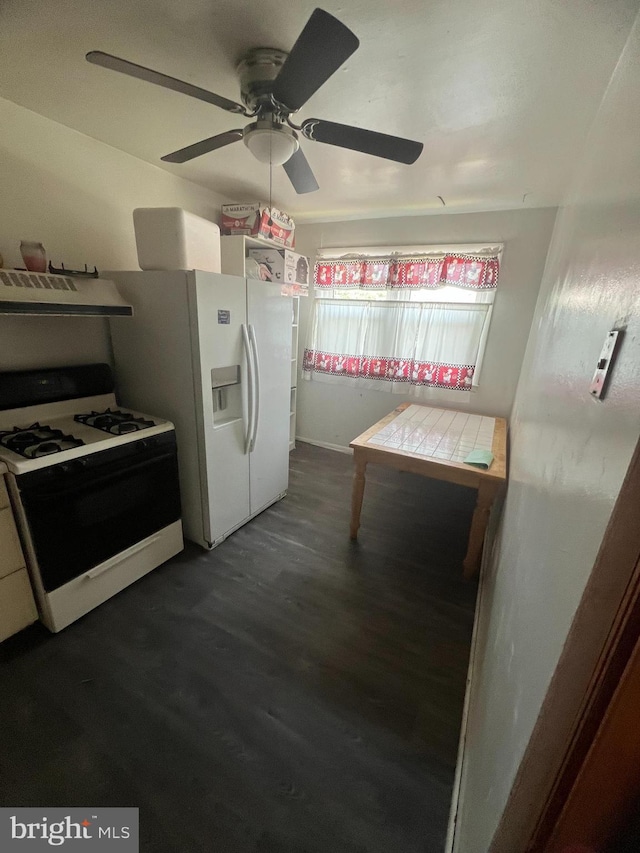 1206 Lakeshore Dr, Camden, NJ 08104 - kitchen with gas range oven, ventilation hood, white refrigerator with ice dispenser, a ceiling fan, and dark wood-type flooring