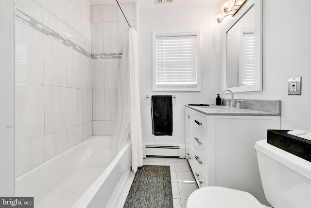 10 Shaw Dr, Kingston, NJ 08528 - full bathroom with a baseboard heating unit, vanity, shower / tub combo with curtain, and tile patterned floors