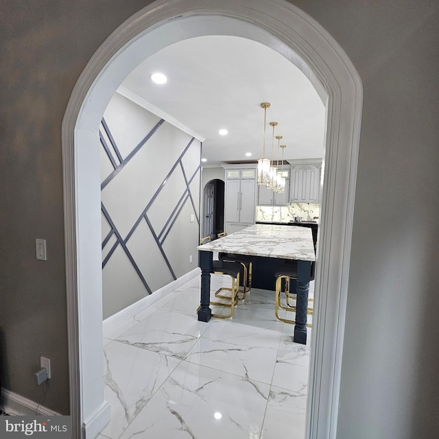 681 Hillcrest Dr, New Creek, WV 26743 - corridor with arched walkways, recessed lighting, a chandelier, and marble finish floors