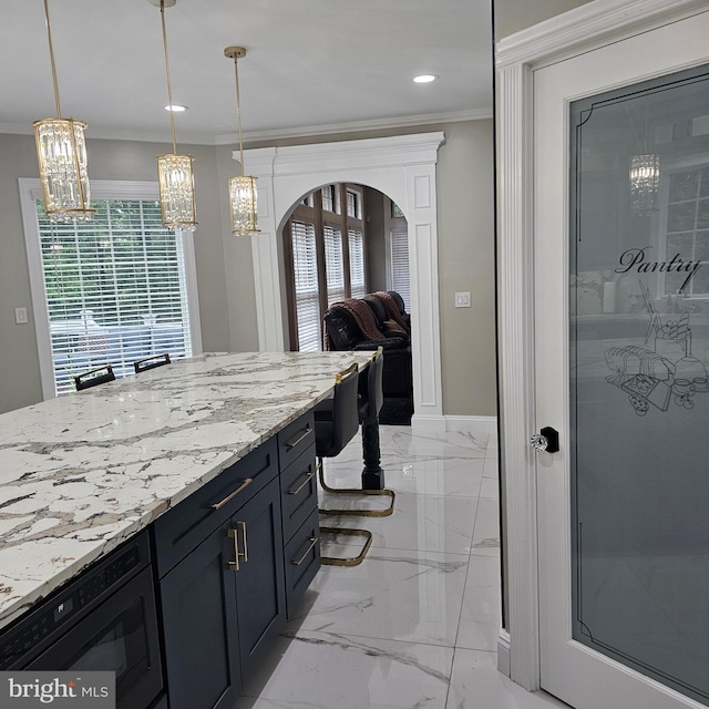 681 Hillcrest Dr, New Creek, WV 26743 - kitchen featuring light marble finish flooring, ornamental molding, light stone countertops, a chandelier, and arched walkways