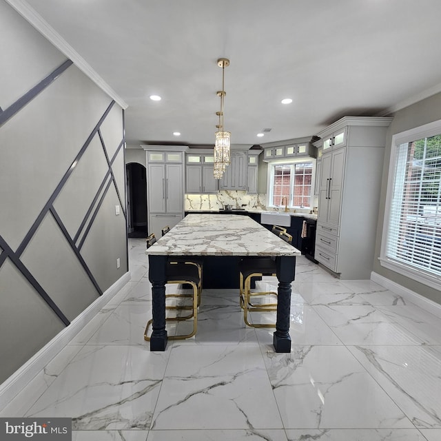 681 Hillcrest Dr, New Creek, WV 26743 - rec room with light marble finish flooring, recessed lighting, arched walkways, and ornamental molding
