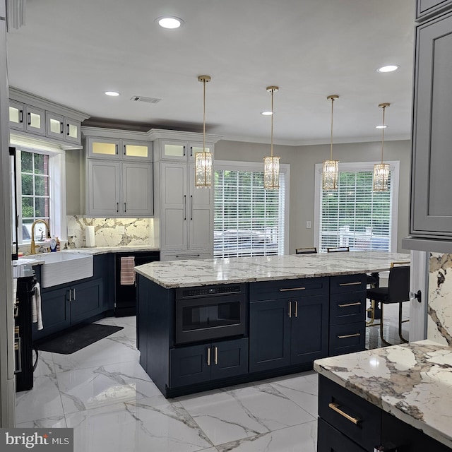 681 Hillcrest Dr, New Creek, WV 26743 - kitchen with backsplash, a kitchen island, pendant lighting, glass insert cabinets, and recessed lighting