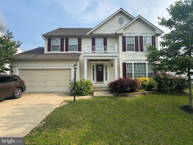 9706 Cadwell St, Waldorf, MD 20603 - view of front facade with concrete driveway, a garage, a balcony, and a front lawn
