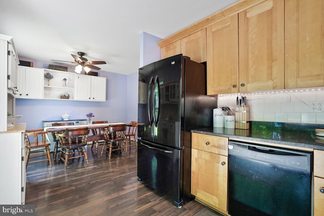 6212 Centaurus Ct, Burke, VA 22015 - kitchen with black appliances, ceiling fan, decorative backsplash, dark wood-style floors, and light brown cabinetry