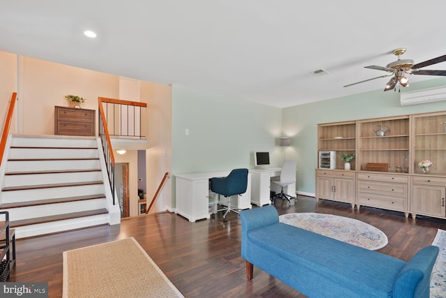 6212 Centaurus Ct, Burke, VA 22015 - living area featuring an office area, dark wood-style floors, a wall mounted air conditioner, ceiling fan, and stairway