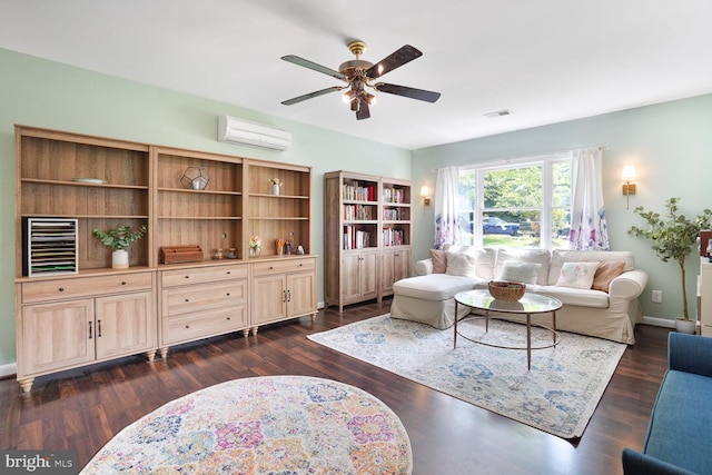 6212 Centaurus Ct, Burke, VA 22015 - living area featuring a wall mounted air conditioner, ceiling fan, and dark wood-type flooring