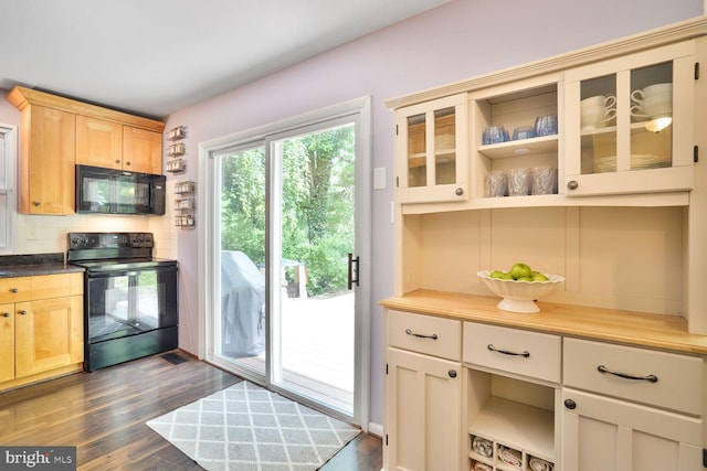 6212 Centaurus Ct, Burke, VA 22015 - kitchen featuring black appliances, light brown cabinetry, dark wood finished floors, and backsplash