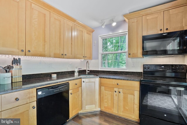 6212 Centaurus Ct, Burke, VA 22015 - kitchen featuring black appliances, light brown cabinets, decorative backsplash, and dark wood-style flooring