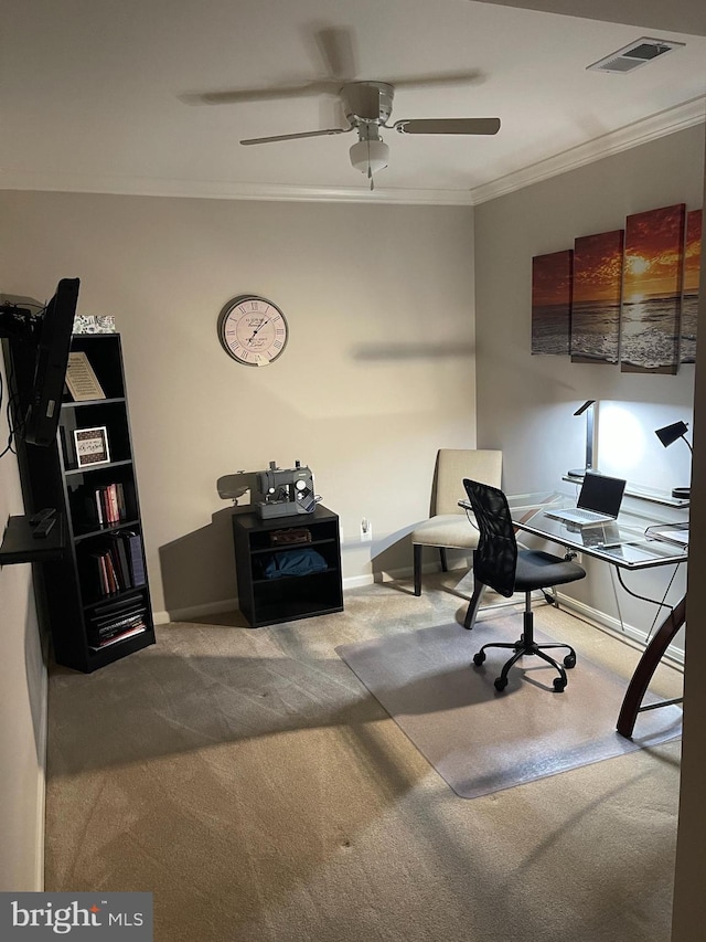 8607 Wintergreen Ct Unit 204, Odenton, MD 21113 - office featuring carpet, crown molding, ceiling fan, and baseboards