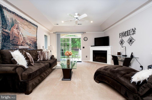 8607 Wintergreen Ct Unit 204, Odenton, MD 21113 - living area with light carpet, a ceiling fan, and a fireplace