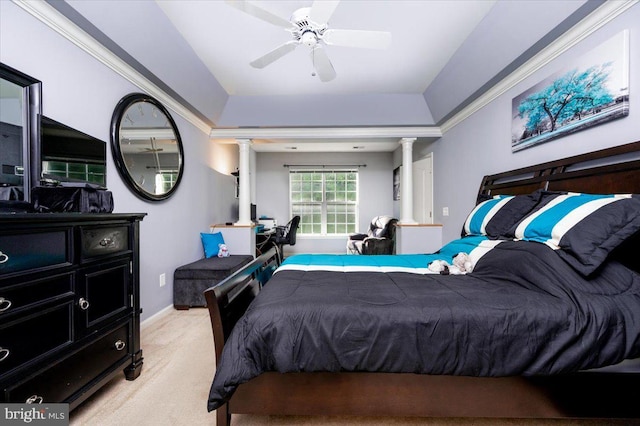 8607 Wintergreen Ct Unit 204, Odenton, MD 21113 - bedroom featuring ornate columns, carpet floors, baseboards, a ceiling fan, and a raised ceiling