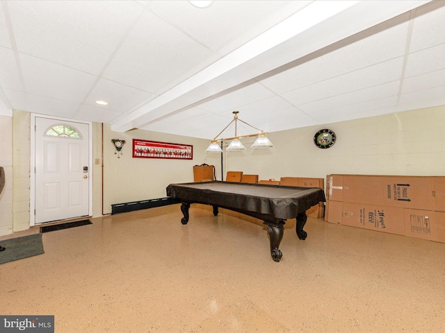 15809 Mount Everest Ln, Silver Spring, MD 20906 - rec room with concrete block wall, billiards table, and speckle patterned floor