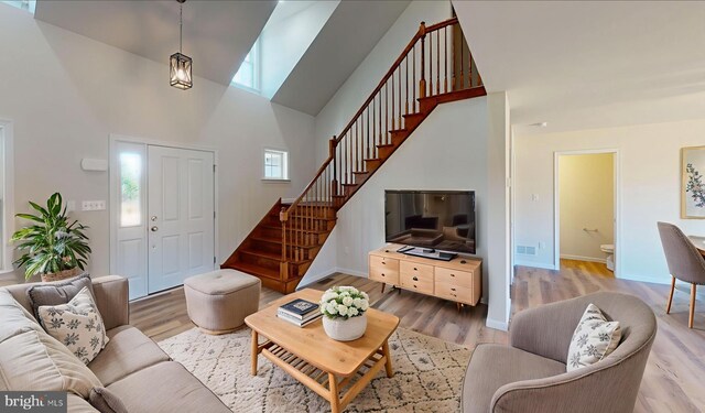 2518 Irish Creek Rd Unit A, Mohrsville, PA 19541 - living room featuring stairway, high vaulted ceiling, and wood finished floors