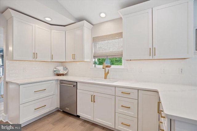 931 Oyster Bay Pl, Solomons, MD 20688 - kitchen with dishwasher, decorative backsplash, white cabinetry, light wood finished floors, and recessed lighting