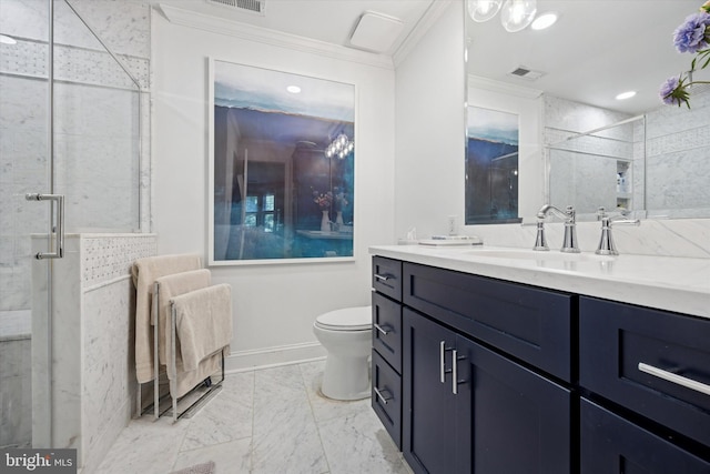 3508 Waltham Ct, Yardley, PA 19067 - bathroom featuring crown molding, vanity, a stall shower, and marble finish flooring