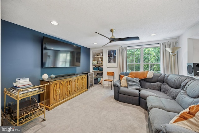 3508 Waltham Ct, Yardley, PA 19067 - living area with a textured ceiling, light carpet, a ceiling fan, and recessed lighting