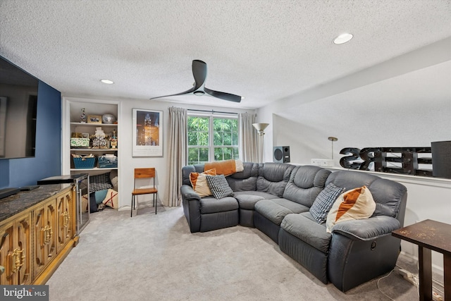3508 Waltham Ct, Yardley, PA 19067 - living room featuring a textured ceiling, ceiling fan, carpet, and recessed lighting