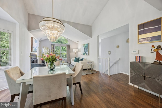 3508 Waltham Ct, Yardley, PA 19067 - dining space with wood finished floors, a chandelier, and high vaulted ceiling