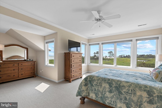 38336 Ocean Vista Dr Unit 1098, Selbyville, DE 19975 - bedroom with light carpet, ornamental molding, and a ceiling fan