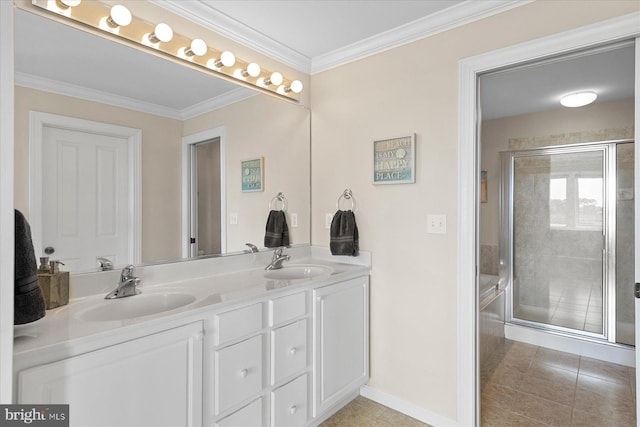 38336 Ocean Vista Dr Unit 1098, Selbyville, DE 19975 - full bath with double vanity, a tile shower, tile patterned flooring, and ornamental molding