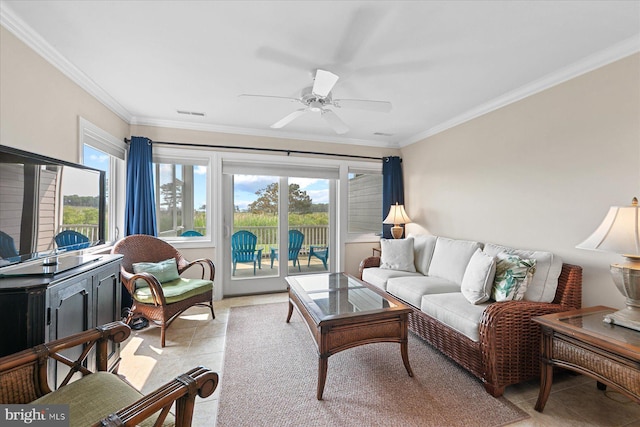 38336 Ocean Vista Dr Unit 1098, Selbyville, DE 19975 - living room featuring crown molding, light tile patterned flooring, and a ceiling fan