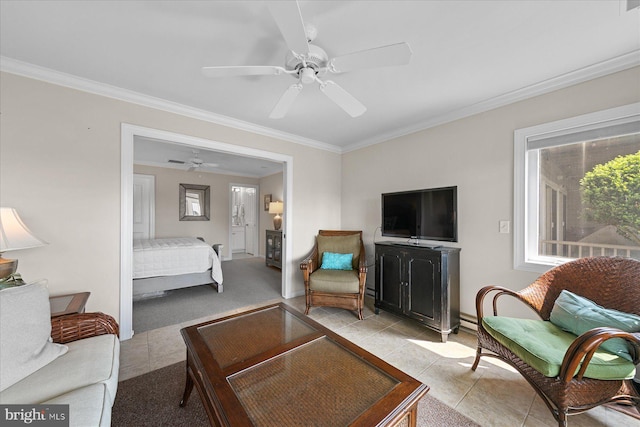38336 Ocean Vista Dr Unit 1098, Selbyville, DE 19975 - living area featuring light tile patterned floors, a ceiling fan, ornamental molding, and light colored carpet