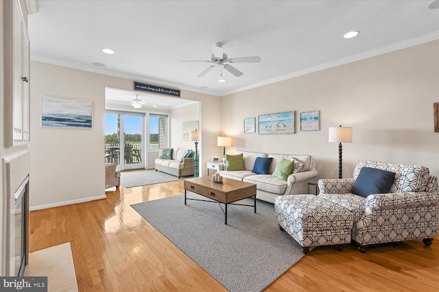 38336 Ocean Vista Dr Unit 1098, Selbyville, DE 19975 - living room featuring a ceiling fan, ornamental molding, light wood-style floors, and recessed lighting