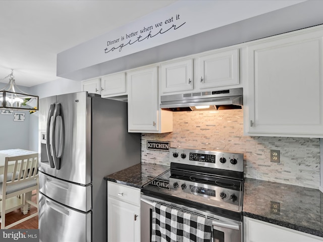 2 Marsha Dr, Cressona, PA 17929 - kitchen with appliances with stainless steel finishes, ventilation hood, white cabinets, a chandelier, and tasteful backsplash