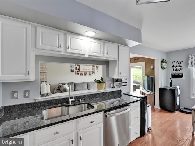 2 Marsha Dr, Cressona, PA 17929 - kitchen featuring dishwasher, white cabinets, light wood-style flooring, and dark stone countertops