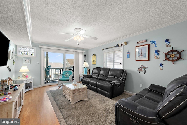 11603 Seaward Rd Unit 6, Ocean City, MD 21842 - living area featuring ceiling fan, a textured ceiling, crown molding, and light wood finished floors