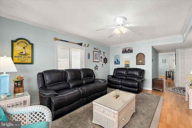 11603 Seaward Rd Unit 6, Ocean City, MD 21842 - living room featuring light wood-style floors, crown molding, a ceiling fan, and a textured ceiling