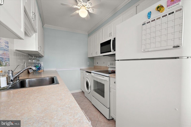 11603 Seaward Rd Unit 6, Ocean City, MD 21842 - kitchen with white appliances, crown molding, ceiling fan, light countertops, and white cabinetry