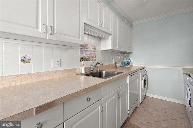 11603 Seaward Rd Unit 6, Ocean City, MD 21842 - kitchen featuring dishwasher, light countertops, white cabinets, backsplash, and separate washer and dryer