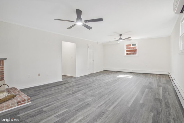 5917 Linthicum Ln, Linthicum Heights, MD 21090 - unfurnished living room featuring a wall unit AC, wood finished floors, a ceiling fan, and crown molding