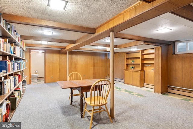 1540 Davidson Rd, Abington, PA 19001 - carpeted dining room with a baseboard heating unit, wooden walls, and beamed ceiling
