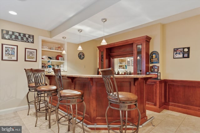 2573 Muirfield Way, Lansdale, PA 19446 - indoor bar featuring light tile patterned flooring, built in features, hanging light fixtures, wainscoting, and recessed lighting