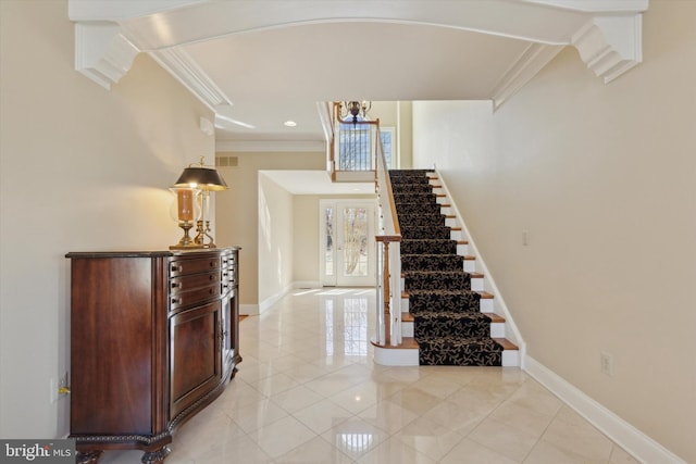 2573 Muirfield Way, Lansdale, PA 19446 - staircase with tile patterned flooring, ornamental molding, a chandelier, arched walkways, and recessed lighting