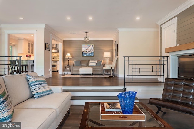 16 Spa Creek Lndg, Annapolis, MD 21403 - living room featuring wood finished floors, crown molding, recessed lighting, and a fireplace