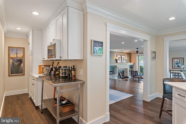 16 Spa Creek Lndg, Annapolis, MD 21403 - bar area featuring dark wood-style floors, crown molding, a ceiling fan, a fireplace, and recessed lighting