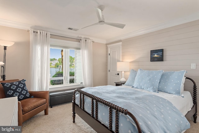 16 Spa Creek Lndg, Annapolis, MD 21403 - carpeted bedroom with crown molding, a ceiling fan, and wooden walls